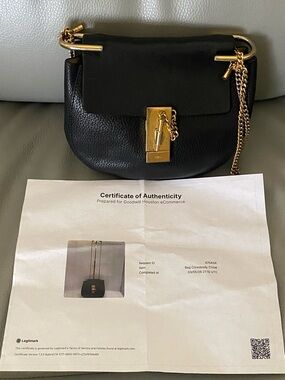 Chloe Mini Drew Black Pebbled Leather Crossbody with Gold Chain with COA